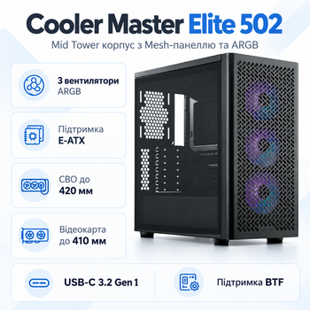 Корпус для ПК Cooler Master Elite 502 ARGB Mid Tower без БП E-ATX/ATX/MicroATX/ITX Black (E502-KGNN-S00)