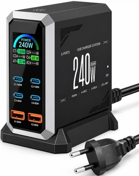 Настольное универсальное сетевое зарядное устройство 6 в 1 HW186 240W, 4 USB Type-C GaN + 2 USB-A PD 3.1 QC 3.0 PPS 140W блок питания для MacBook ноутбука планшета телефона повербанка Samsung iPhone Xiaomi Black