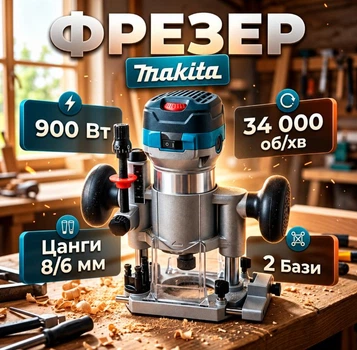 Фрезер Makita 10000-34000 об/хв потужність 900 Вт цанга 6/8мм 2 бази кромкова та занурювальна