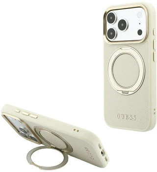 Etui do smartfona Apple iPhone 17 Pro / 18 Pro Guess Ring Stand 360 Grained Classic Logo MagSafe Beige (GUE005667)