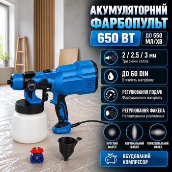 Электрический краскопульт AH550L 650 Вт с бачком 800 мл производительность 550 мл/мин сопла 2 2,5 3 мм до 60 DIN