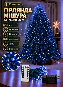 Гирлянда на елку Конский хвост Мишура 3 метра 1800 LED 20 нитей 8 режимов с пультом ДУ от сети светодиодная новогодняя комнатная гирлянда для елки Синий