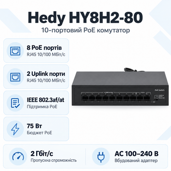 Комутатор Hedy HY8H2-80 некерований настільний 10 портів PoE AC100-240В