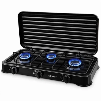 Настільна газова плита SOKANY SK-6003 на 3 конфорки з кришкою 59×31×8 см Чорний