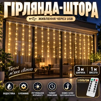 Уличная USB-гирлянда светодиодная LED-шторка-бахрома «РОСА» (занавес для новогодней елки, окна, стены) 3 м