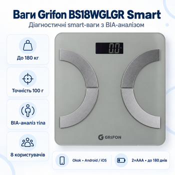 Весы напольные Grifon BS18WGLGR Smart 180 кг 100 г 2хAAA Gray