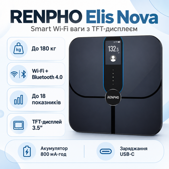 Ваги підлогові RENPHO Elis Nova Smart WiFi Body Scale 180 кг 800 мАг Black (R-A031)