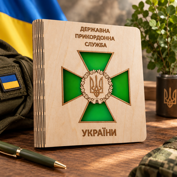 Деревянный блокнот Государственная пограничная служба Украины "Державна прикордонна служба України" (на цельной обложке с ручкой),