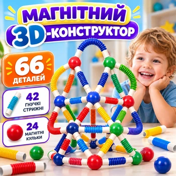 Магнітний 3D-конструктор для дітей Flexible Magnetic Tube Block, 66 деталей, з гнучкими стрижнями та магнітними кульками, від 3 років