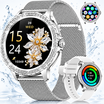 Серебристые женские смарт-часы 1,32″ с Bluetooth-звонками и фитнес-трекером, 2 ремешка, для Android и iPhone
