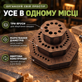 Органайзер для сверл вращающийся деревянный на 97 отверстий, диаметры 1–13 мм