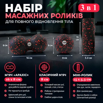 Массажный набор для йоги и фитнеса 3в1 из EPP, массажный валик (йога ролл)+массажный мяч МФР OSPORT (OF-0281) Черно-красный