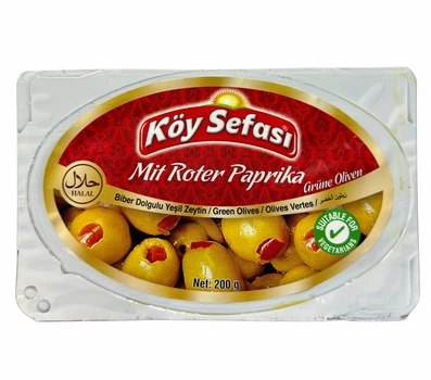 Оливки зеленые фаршированные сладким красным перцем (паприкой) Koy Sefasi, без косточки, 200 г (8696591010294)