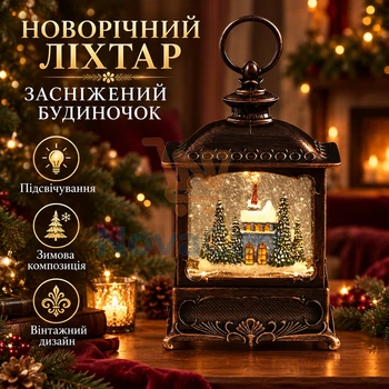 Новорічний ліхтар із засніженим будинком, світильник для святкової полиці, різдвяна композиція з підсвічуванням Бронзовий
