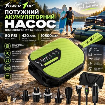 Аккумуляторный насос TowerTop 10500 мАч для SUP и авто, 50 PSI, 420 л/мин, 12 В, LCD, автостоп, 8 насадок, накачивание и сдувание