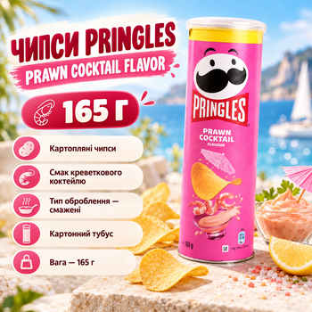 Чипси Pringles Prawn Cocktail Flavor картопляні смажені хрусткі зі смаком коктейлю креветок морепродуктів у картонному тубусі 165 г