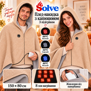 Плед-накидка с подогревом Solve 150х80 см USB от повербанка, 8 зон нагрева, с капюшоном, бежевый KT9009504