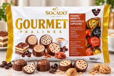 Набір Цукерки шоколадні Socado Gourmet Pralines Сокадо Гурме асорті з начинками Тірамісу Амарето Страчателла Капучино Пакет 1кг