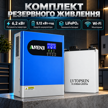 Комплект резервного питания Anenji с Wi-Fi и функцией параллельного подключения + аккумулятор LVTOPSUN 51,2 В 100 А·ч с BMS Гибридный инвертор для дома на случай отключения электричества