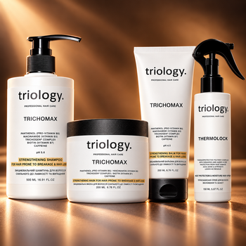 Набор для укрепления волос Trichomax Triology + термозащитный спрей Thermolock — шампунь, бальзам, маска, против ломкости и выпадения волос.