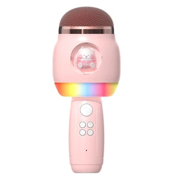 Детский караоке микрофон Animals розовый беспроводной Bluetooth с RGB подсветкой