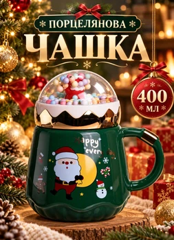 Чашка новогодняя фарфоровая 400 мл Christmas чашка на подарок с новогодним принтом для ребенка детей Зеленая