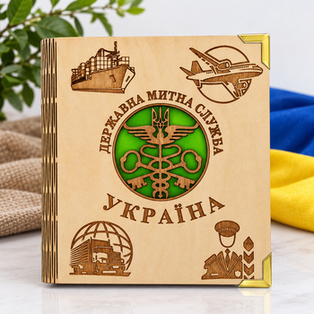 Деревянный блокнот ДМС (на цельной обложке с ручкой), ежедневник, державна митна служба