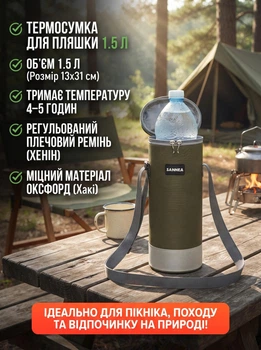 Термосумка для пляшки 1.5 л ізотермічний чохол на воду сік та гарячі напої розмір 13х31 см регульований плечовий ремінь тримає температуру 4–5 годин оксфорд для доставки та покупок Хакі