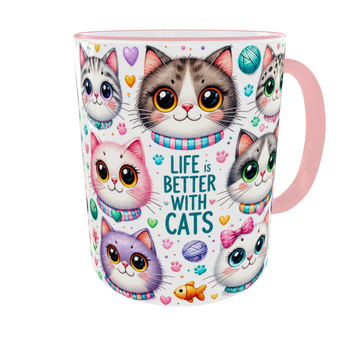 Чашка з принтом «Life Is Better with Cats» («Життя краще з котами») 330 мл, рожева ручка