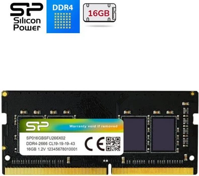 Пам'ять SO-DIMM, DDR4, 16Gb, 2666 MHz, Silicon Power, 1.2V, CL19 (SP016GBSFU266X02)