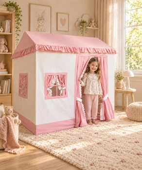 Детская палатка домик игровой с ковриком 130×85×135 см молочный с розовым