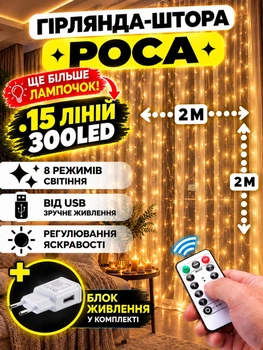 Светодиодная гирлянда штора роса Niki Light штора от USB 8 режимов гирлянда занавес с Пультом 15 линий 300 лед 2x2м Теплый белый