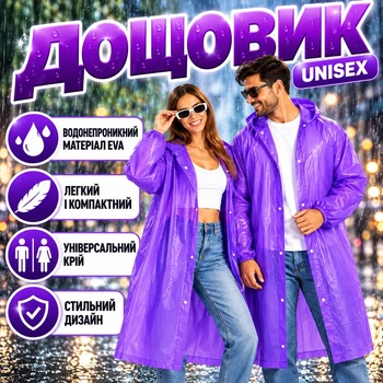 Плащ дождевик с капюшоном водонепроницаемый дождевик мужской женский многоразовый пончо от дождя и ветра рукава на резинке туристический велодождевик для рыбалки велосипеда походов фиолетовый размер 42-54