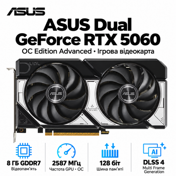 Видеокарта Asus Dual NVIDIA GeForce RTX 5060 OC Edition Advanced 8GB GDDR7 28000 MHz 2587 MHz Black/Silver (90YV0PS0-M0NA00)