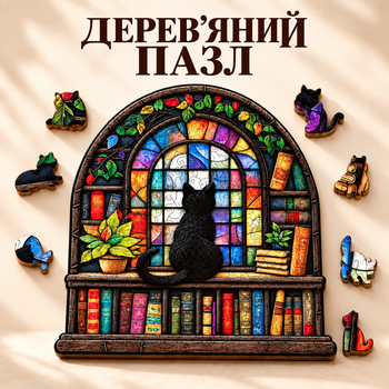 Дерев'яний фігурний пазл Кіт в бібліотеці 238 елементів 3D Головоломка для дітей і дорослих в дерев'яній коробці