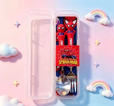 Детский набор столовых приборов Spider-Man Человек-паук, ложка и вилка с объемными силиконовыми ручками, в пластиковом футляре, 2 предмета