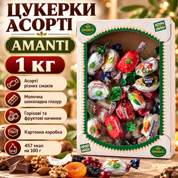 Цукерки асорті Amanti 1 кг молочний шоколад десерт з чорносливом курагою горіхами кокосом арахісом медом журавлиною злаками