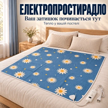 Электропростынь электрическая с обогревом одеяло-простыня с регулятором температуры Cappone Синяя с ромашками , 75x145 см