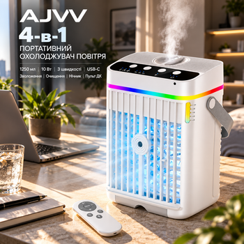 Портативный охладитель воздуха AJVV 4-в-1, 10 Вт, 1250 мл, USB-C, 3 скорости, увлажнитель и ночник, белый