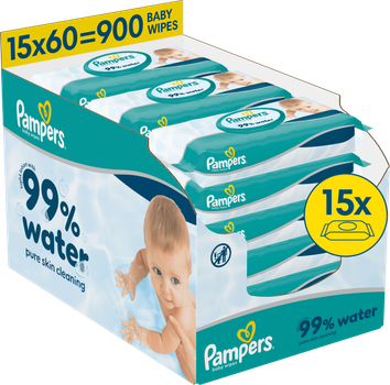 Zestaw chusteczek nawilżanych Pampers Aqua 99% wody 15 x 60 szt (8006530442077)