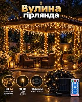 Гірлянда вулична на сонячній батареї / Світлодіодна LED-гірлянда для саду / Новорічна гірлянда з пультом / Декоративне освітлення для тераси та фасаду