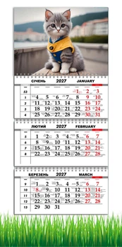 Календарь настенный квартальный на 2027 год на три пружины, Apriori , Котик , Серый Котик, Кот , 29,7х61см , 3 вид