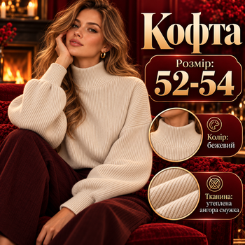 Жіноча тепла кофта 52–54 бежева з ангори смужка з коміром-гольфом, широкими рукавами та довгими манжетами