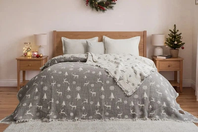 Муслінове новорічне покривало Saheser Merry 240 х 260 см. Light Grey бежевий
