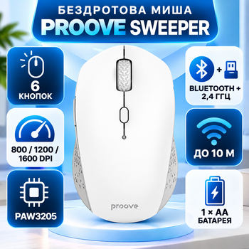 Эргономичная беспроводная мышь для компьютера и ноутбука Proove Sweeper бесшумна с USB и Bluetooth с регулировкой DPI 1600 белая