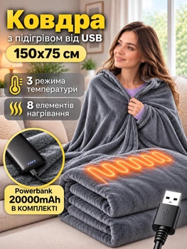 Плед с подогревом от USB 150х75 см с повербанком 20000mAh электроодеяло плед-пончо с тремя режимами нагрева для дома, офиса, автомобиля и путешествий, портативная тепла с подогревом для рук, ног, спины и шеи темно-серый