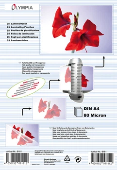 Плівка для ламінування Olympia Laminating Pouches, A4, 80 Mic, 220 x 19 x 307 mm, 100 pcs