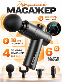 Перкуссионный массажный пистолет для тела спины мышц 1200 mAh UnA ручной для шеи рук электромассажер ударный для ног вибрационный антицеллюлитный 6 режимов 4 насадки черный (283.0001)