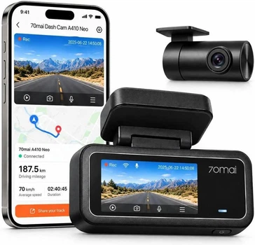 Автомобильный видеорегистратор комплект Xiaomi 70mai Dash Cam A410 Neo Global + задняя камера Rear Cam RC21 (управление со смартфона)