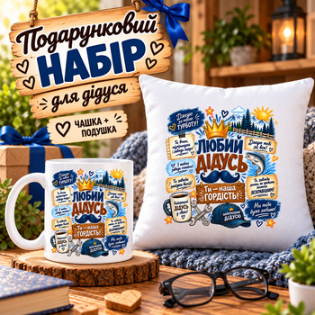 Подарочный набор для дедушки на день рождения «Любимый дедушка — ты наша гордость!» — чашка 330 мл и подушка 35×35 см